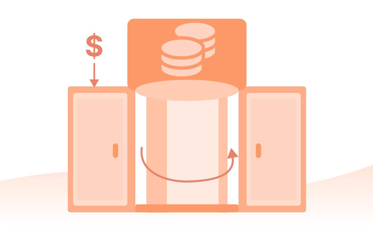 An illustration of a revolving door with dollar signs and coins, symbolizing corporate procurement and financial