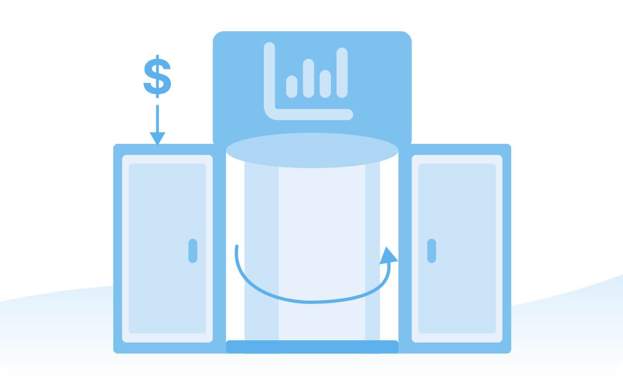 A revolving door with two cabinets and a central chart icon, illustrating the cycle of procurement and financial