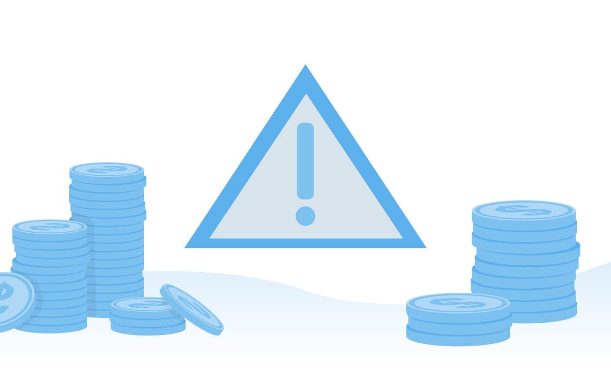 Stacks of coins on either side of a warning triangle with an exclamation mark highlight potential risks of net-never payment