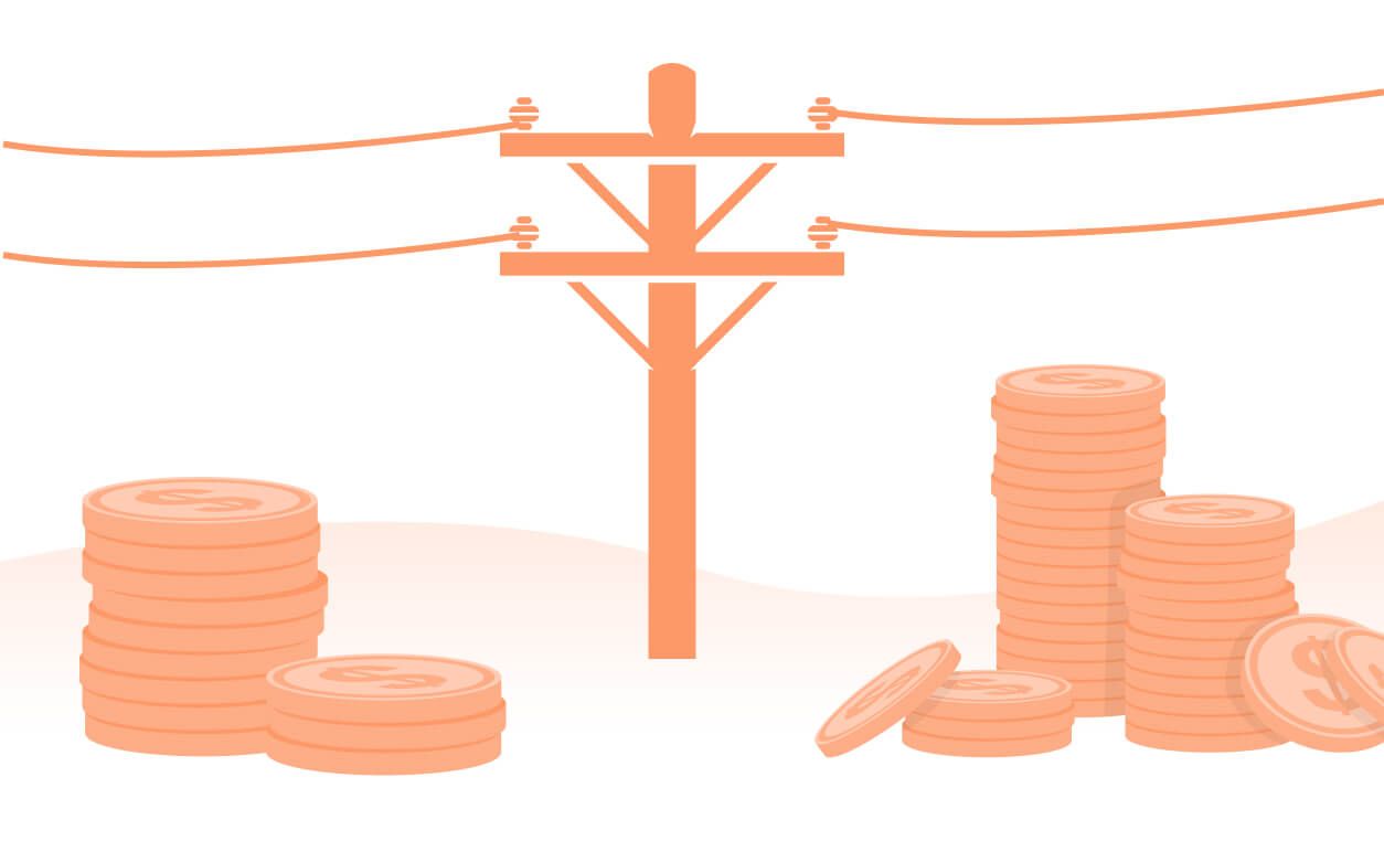 Stacks of coins and power lines illustrate reducing energy costs in a regulated energy market.