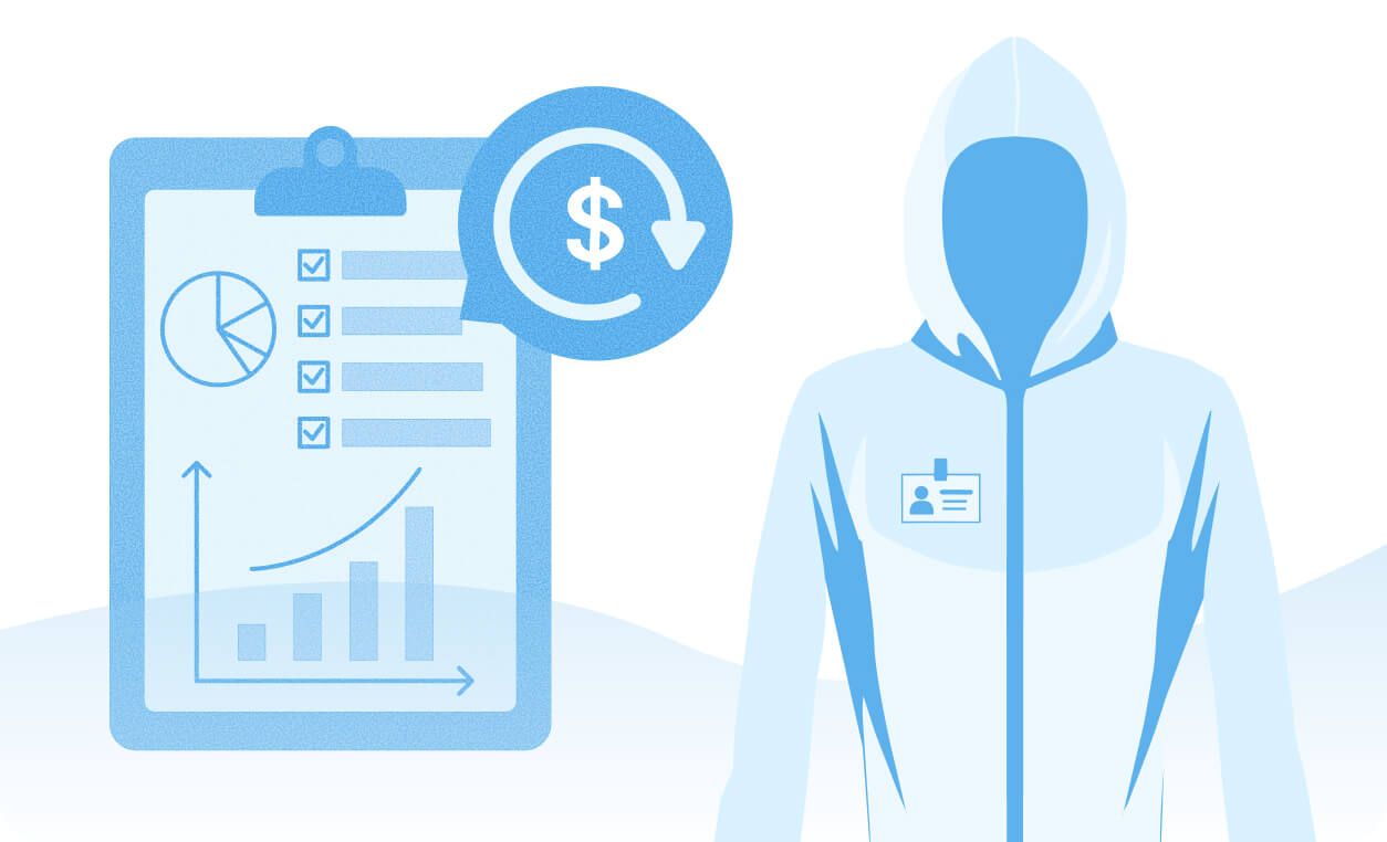 A person in a hoodie with an ID badge stands next to a clipboard displaying charts, checkmarks, and a dollar sign with a