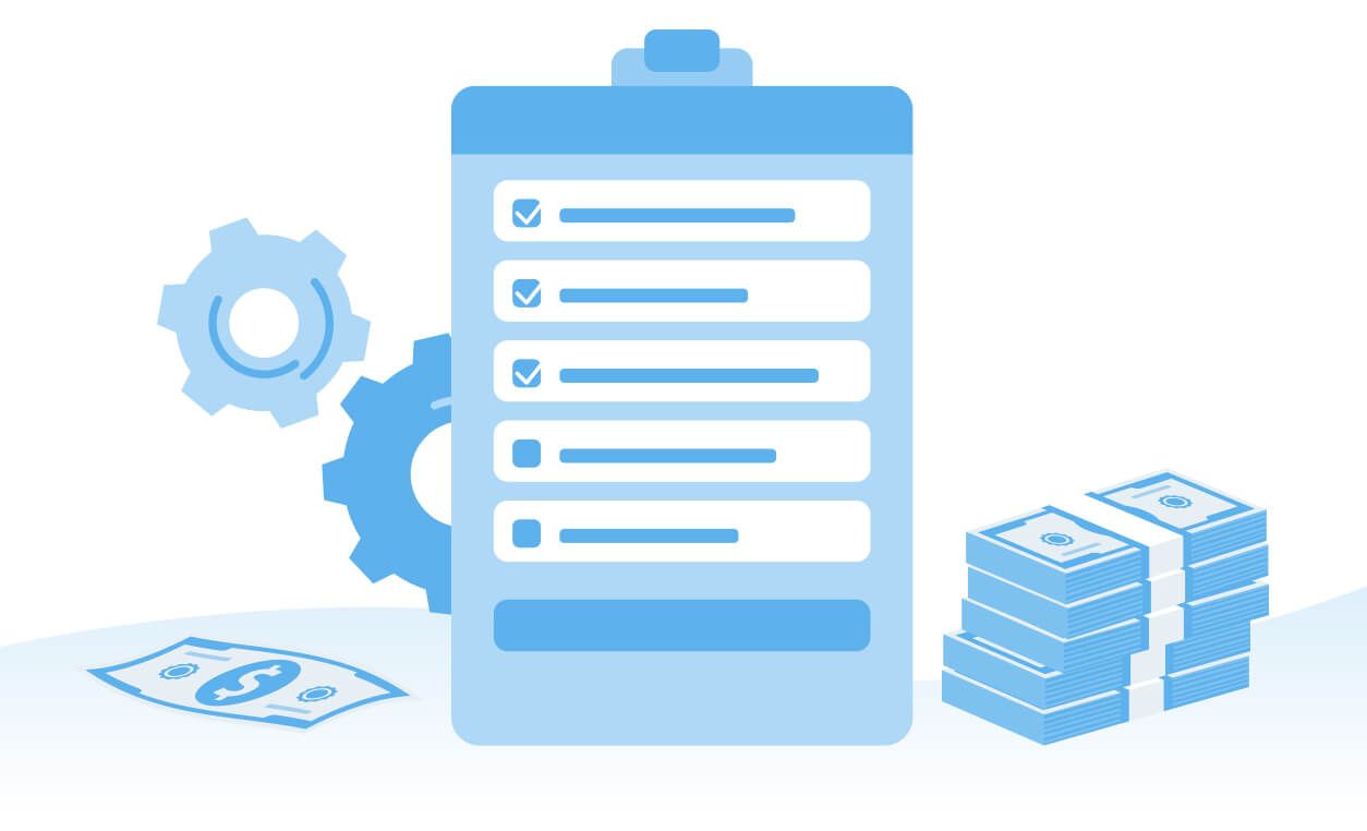 A checklist on a mobile device surrounded by gears, cash stacks, and a dollar bill, illustrating the costs and insights of