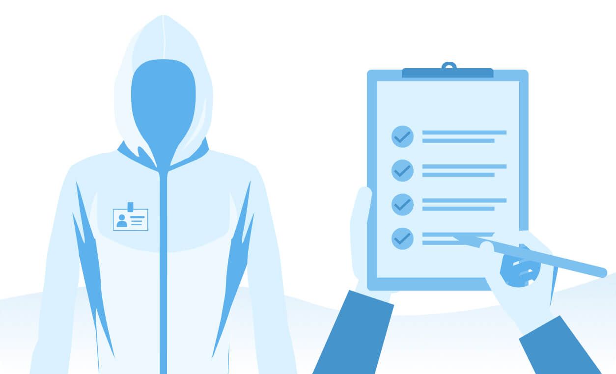 A faceless figure in a uniform with an ID badge holds a clipboard with checkmarks, analyzing hidden liabilities in a program.