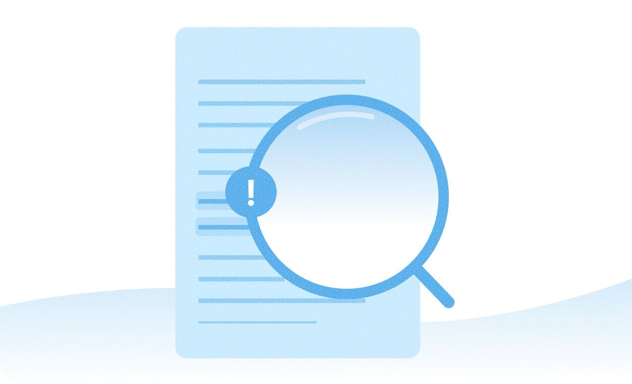 A document with a magnifying glass highlighting an exclamation mark, indicating a warning about new agreement language.