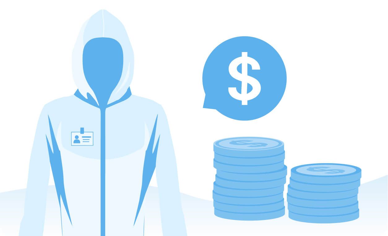 A person wearing a hoodie with a name tag stands next to stacks of coins and a speech bubble with a dollar sign, symbolizing