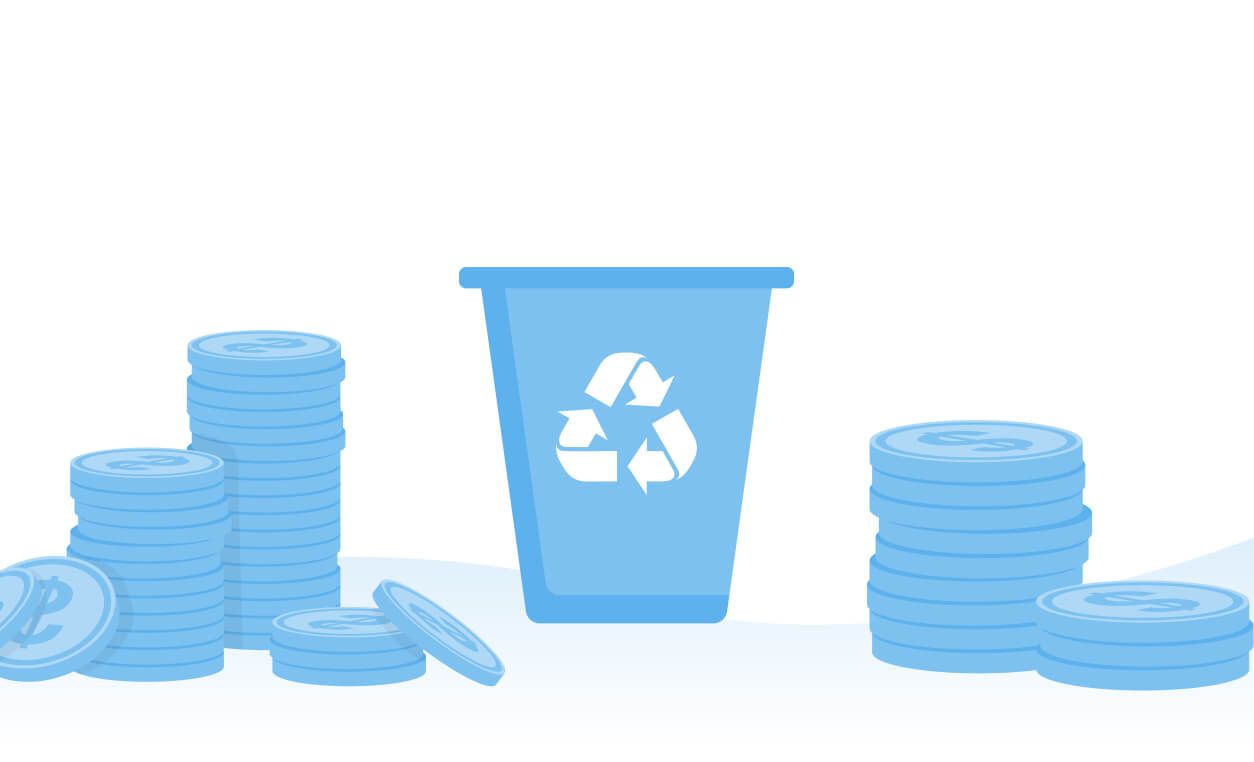 Stacks of coins on either side of a recycling bin with a recycling symbol, highlighting waste management and financial