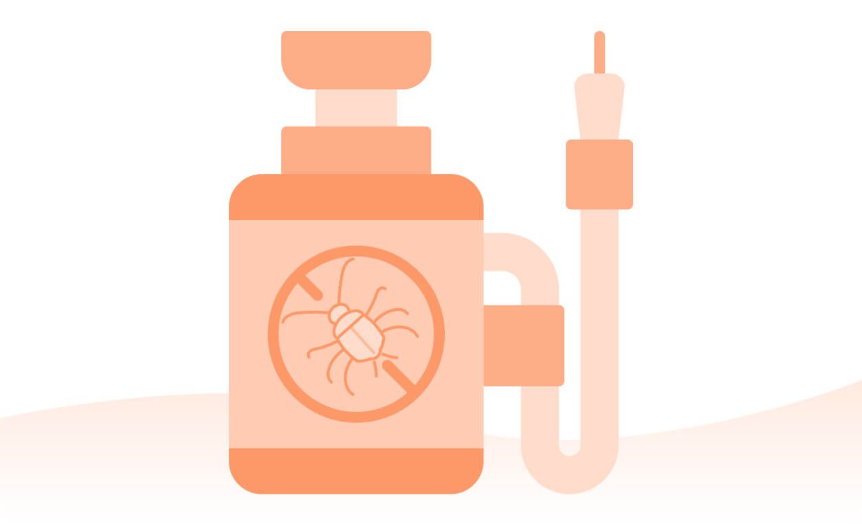 A pest control spray bottle with a bug inside a crossed-out circle, indicating pest elimination.