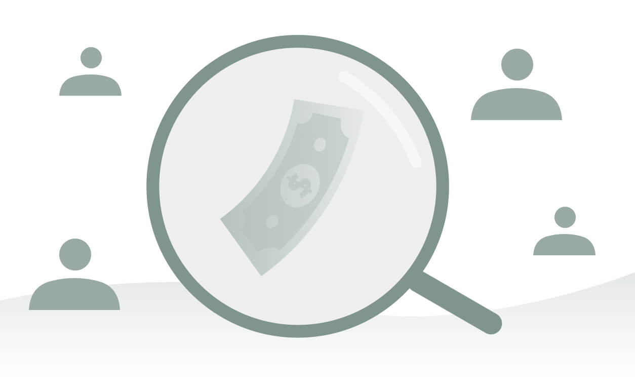 Magnifying glass highlighting a dollar bill over silhouettes of people, representing managing tail spend expenses.