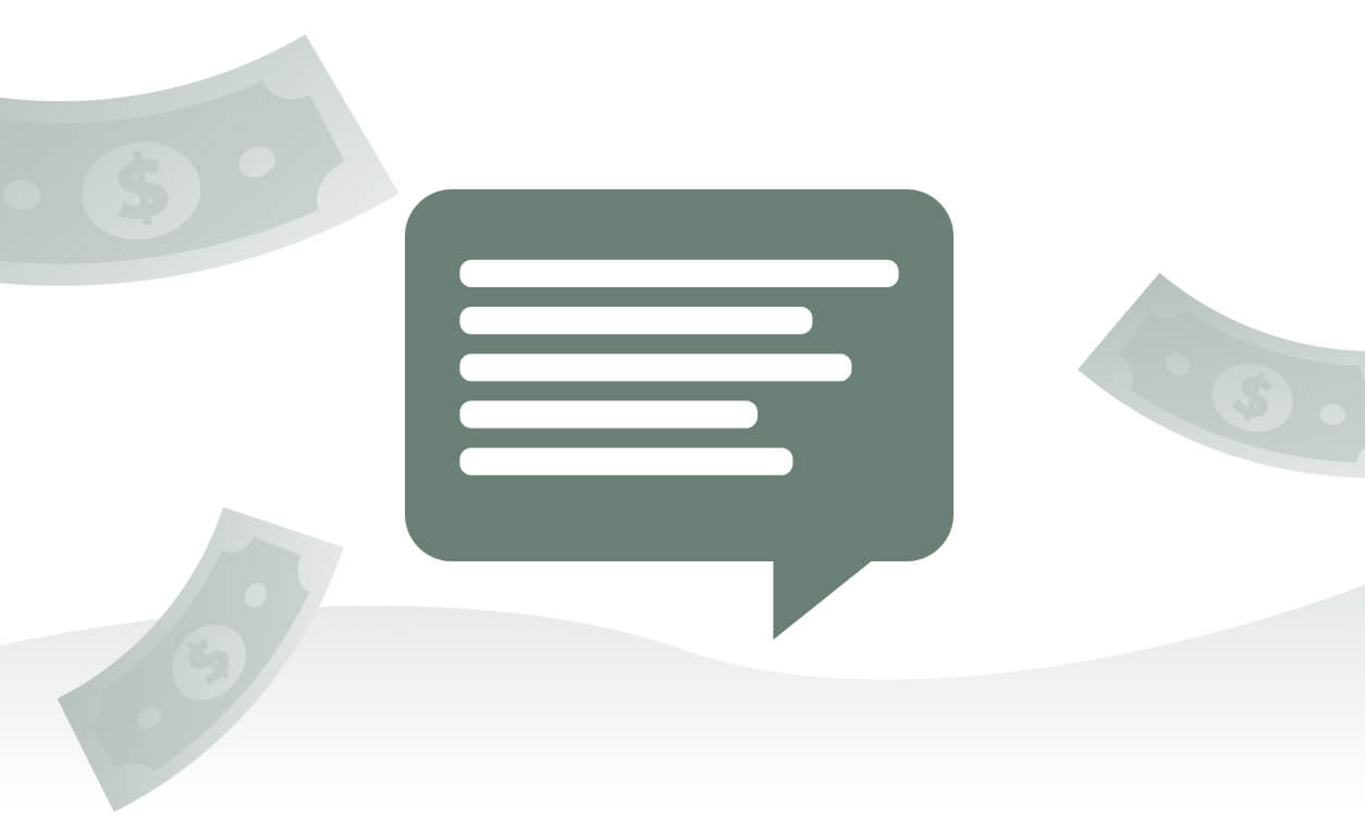 A speech bubble with lines of text surrounded by floating dollar bills, illustrating financial language change from