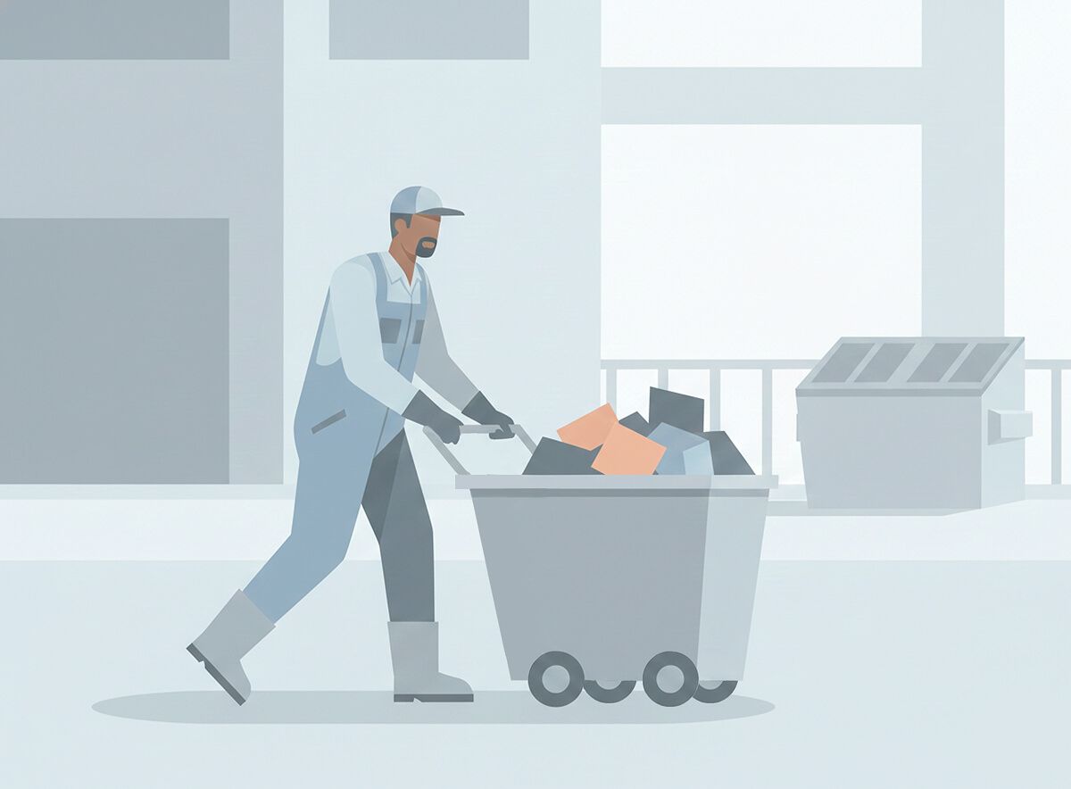 A man in work attire pushes a cart filled with trash outside a building, promoting a call-to-action for spend reduction.