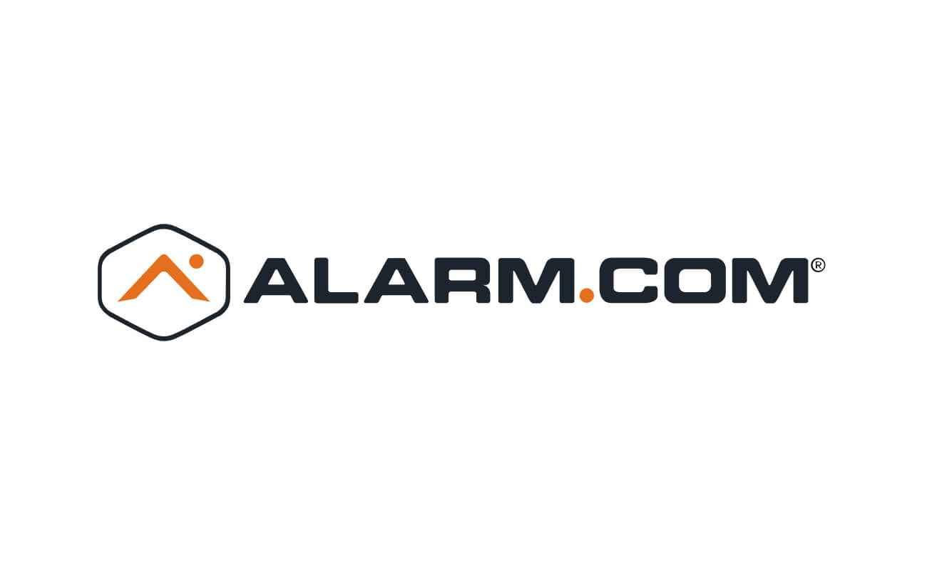 The image features the Alarm.com logo with a hexagonal icon and the text "ALARM.COM" in bold black letters.