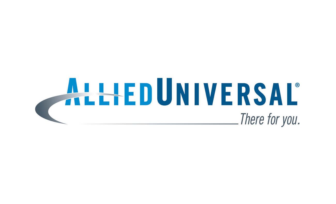 The Allied Universal logo features the company name in blue with a gray swoosh and the tagline "There for you."