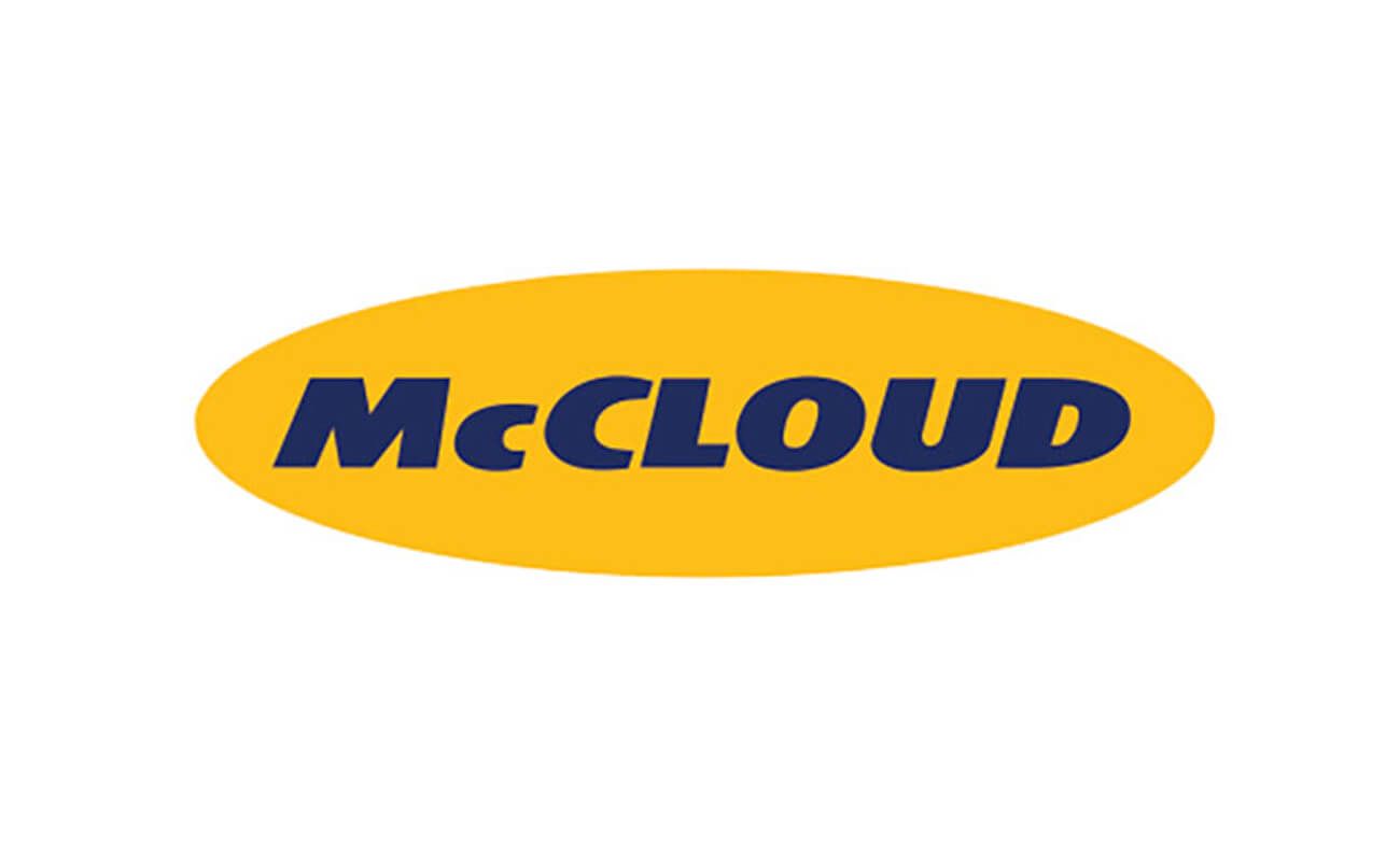McCLOUD logo with bold blue text inside a yellow oval background.