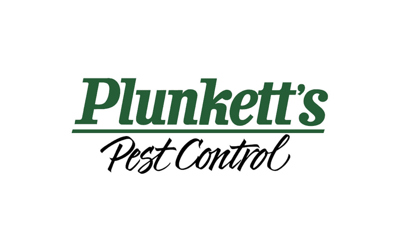 The logo features the words "Plunkett's Pest Control" with "Plunkett's" in bold green and "Pest Control" in black cursive on