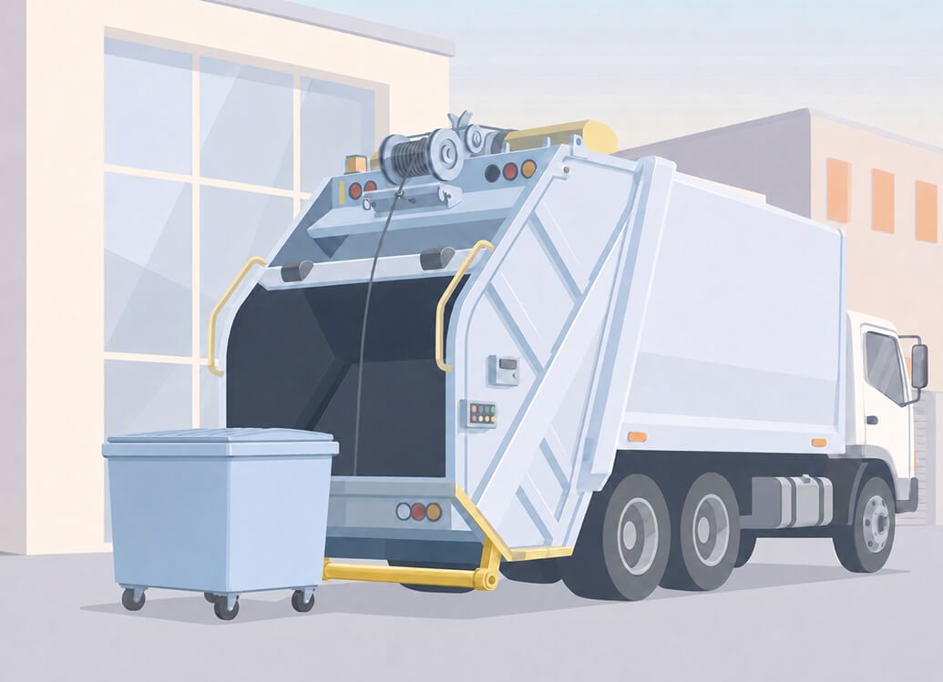 Finetune-A-Better-Way-To-Manage-Waste A modern waste management truck with a recycling bin being emptied into its compactor, emphasizing efficient waste handling.