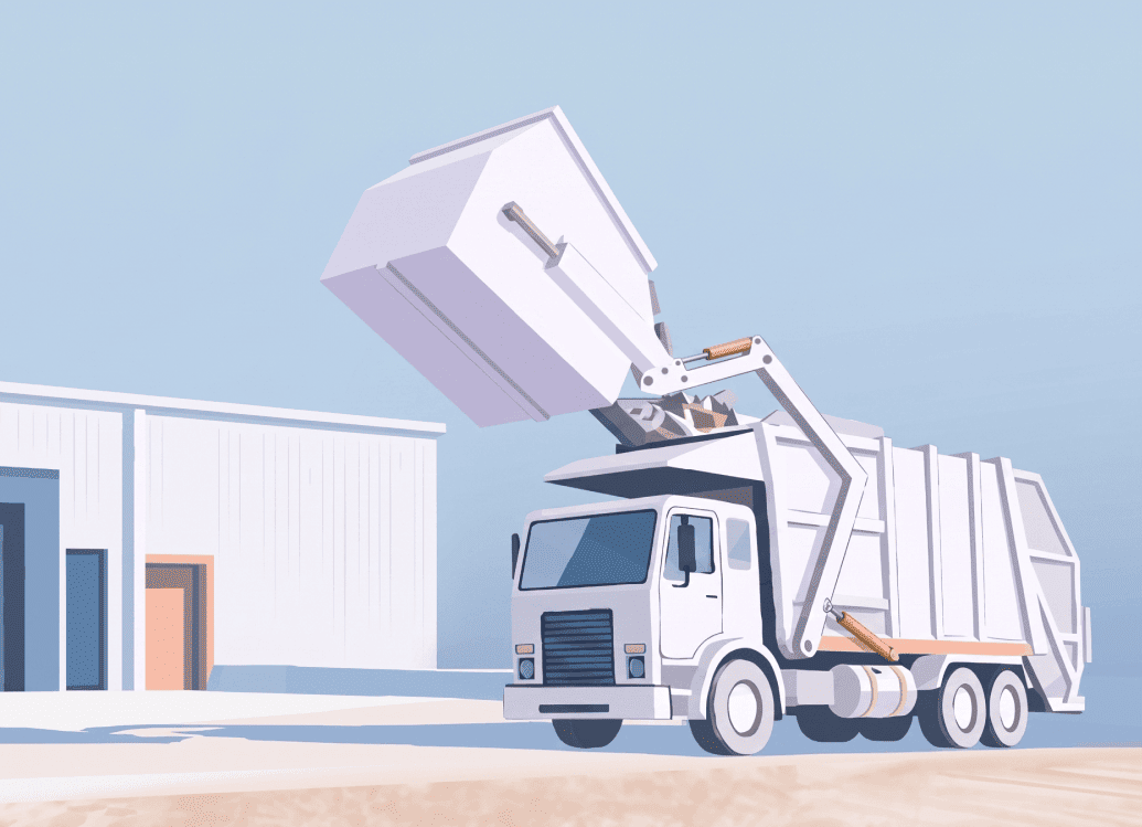 Finetune-A-Better-Way-To-Manage-Waste-img A waste management truck with a hydraulic arm lifting a large waste container outside a building.