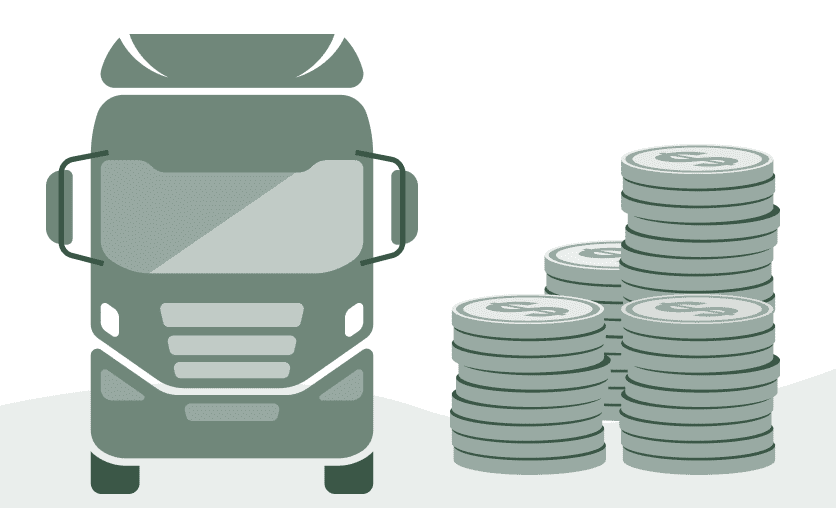 A heavy-duty truck facing forward next to stacks of coins, illustrating sales and service case studies in trucking.