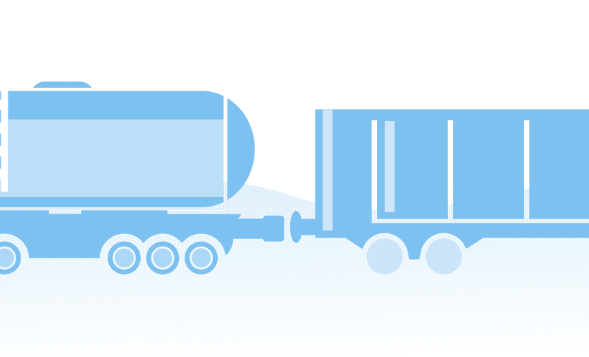A blue and white illustration of a rail car coupled to a freight car, emphasizing rail and freight management services.