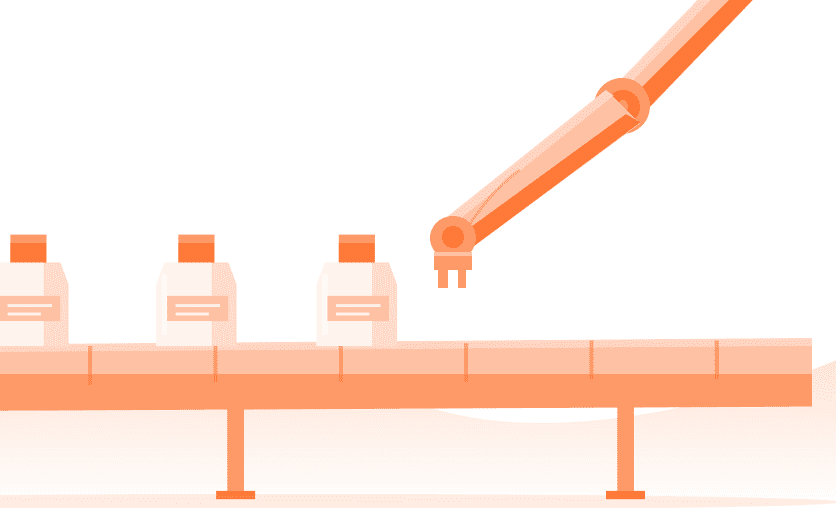 A robotic arm places bottles on a conveyor belt in a specialized chemical manufacturing, printing, and packaging facility.