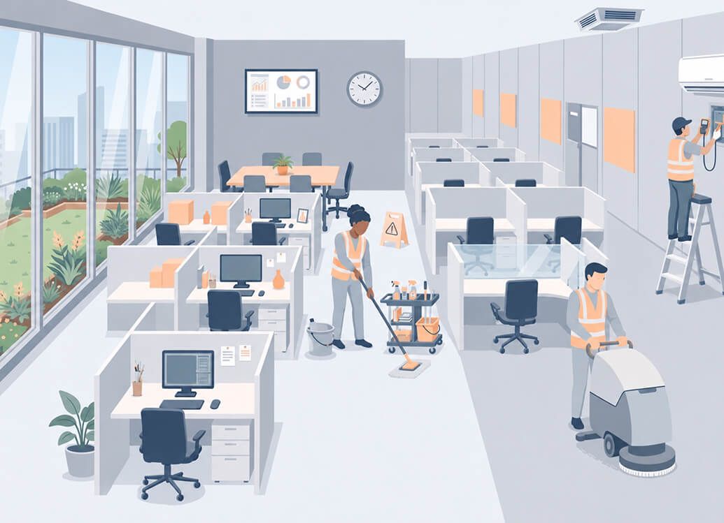 Employees clean and maintain an office space with cubicles, desks, and large windows, ensuring a tidy and functional