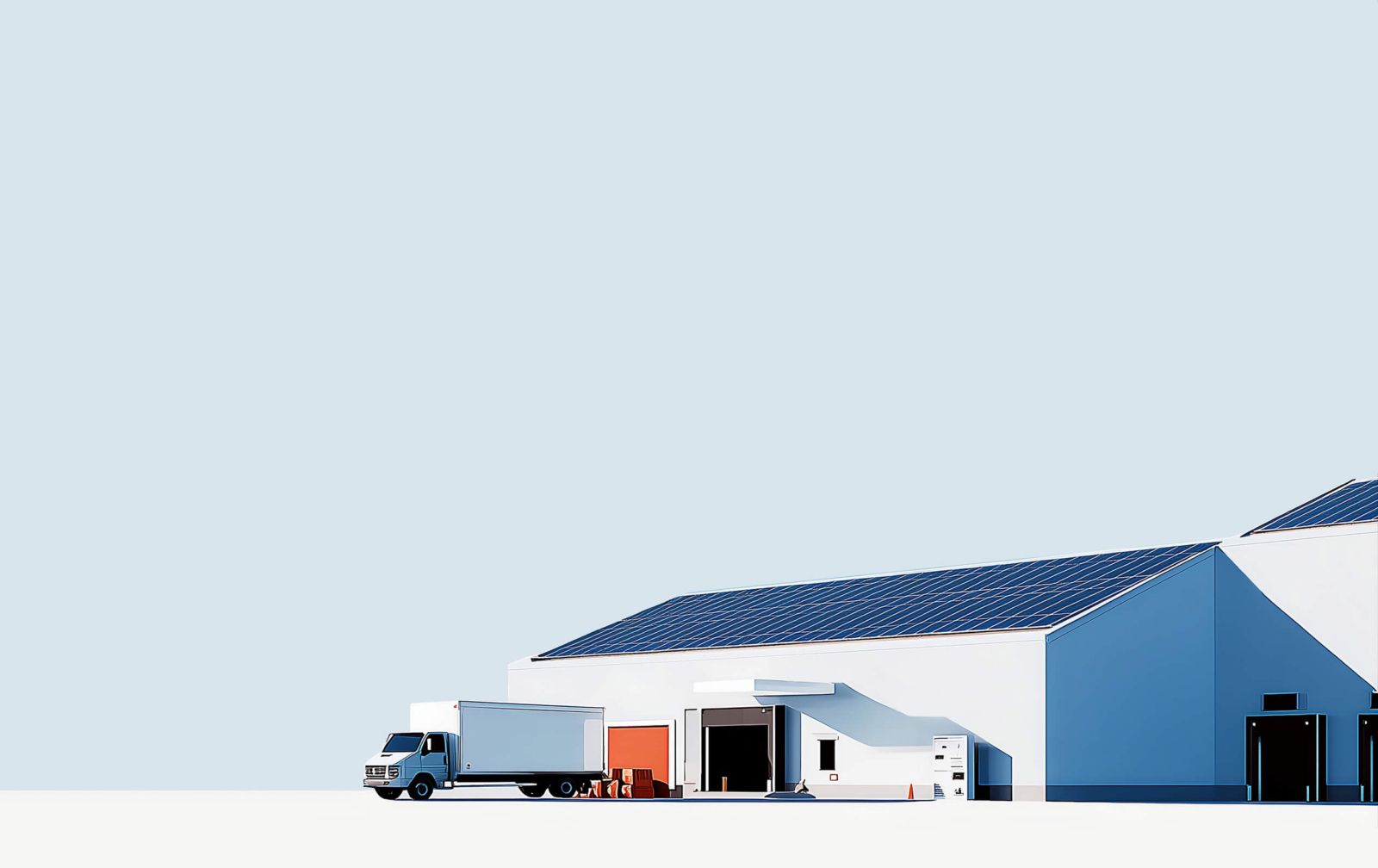 A warehouse with solar panels on the roof, a delivery truck parked outside, and energy-efficient infrastructure in a utility