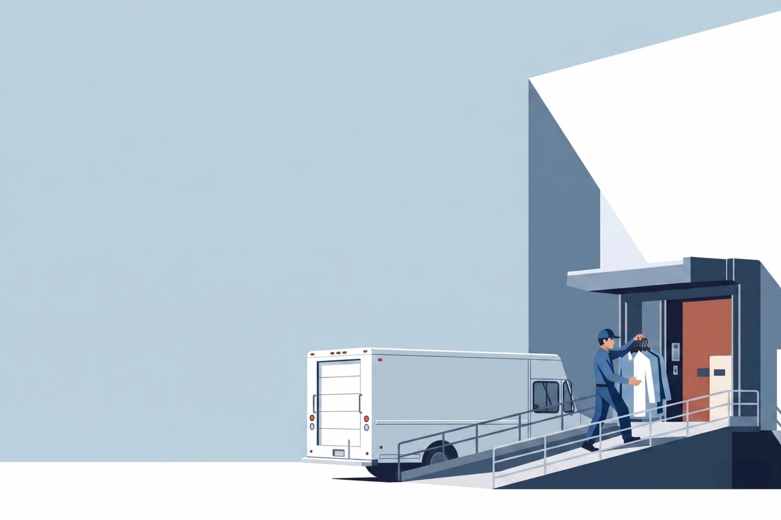 A delivery person loads a white box into a building with a ramp and a delivery truck parked nearby.