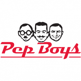 Cartoon faces of three men above the red "Pep Boys" logo on a green background.