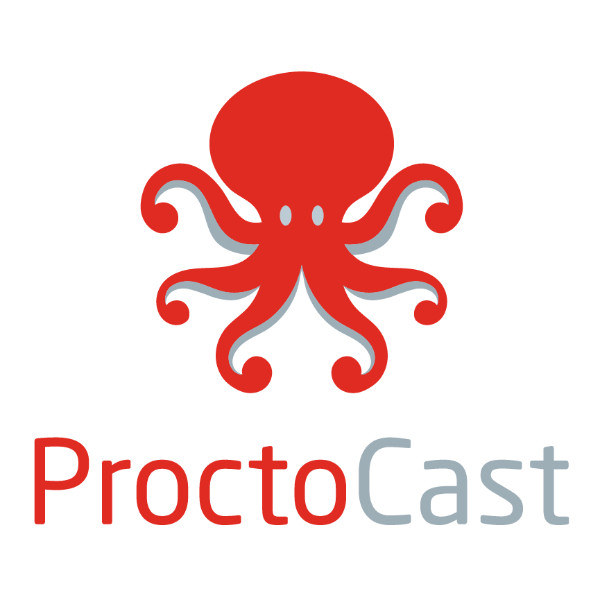 A red octopus with curled tentacles above the text "ProctoCast" in red and gray letters.