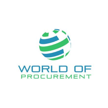 A globe made of green and blue stripes with the text "WORLD OF PROCUREMENT" below it.