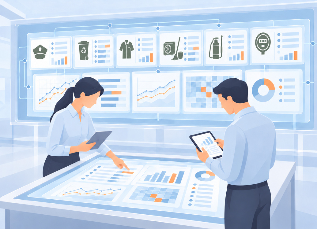 fine-tune-procurement-data-landscape-v4 Two professionals analyze procurement data on tablets and large screens, with charts and graphs illustrating the data