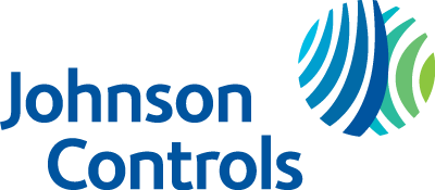 Johnson Controls logo featuring blue text and a circular emblem with blue and green curved lines.