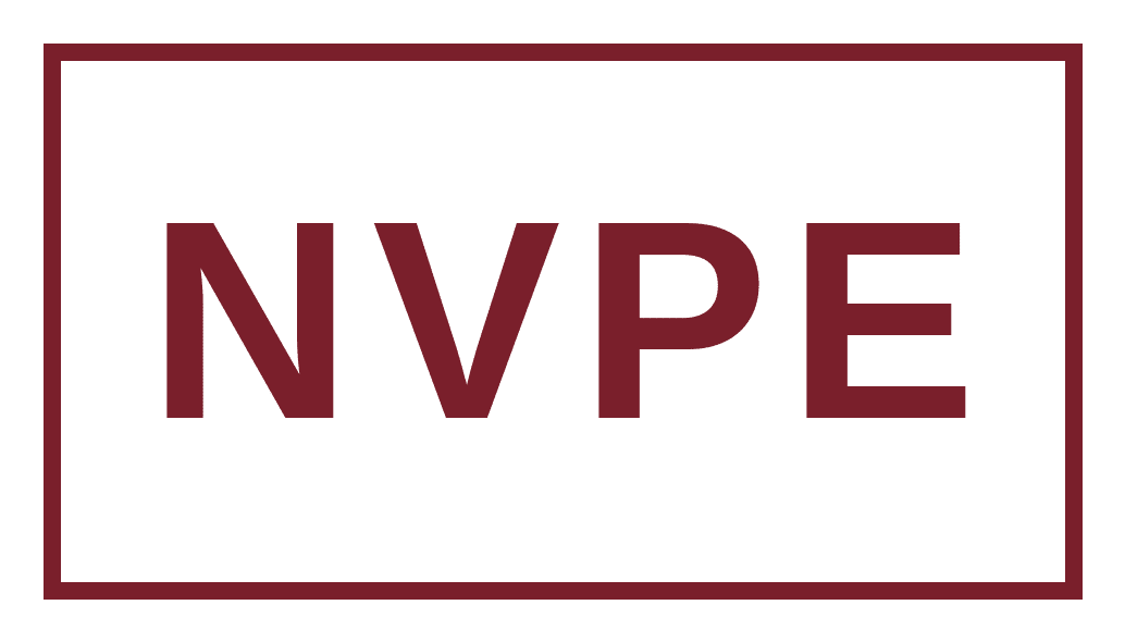 The image features the text "NVPE" in large, bold, dark red letters inside a rectangular border.
