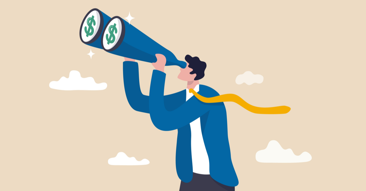 A businessman in a suit and yellow tie looks through a telescope with dollar signs, symbolizing financial vision or
